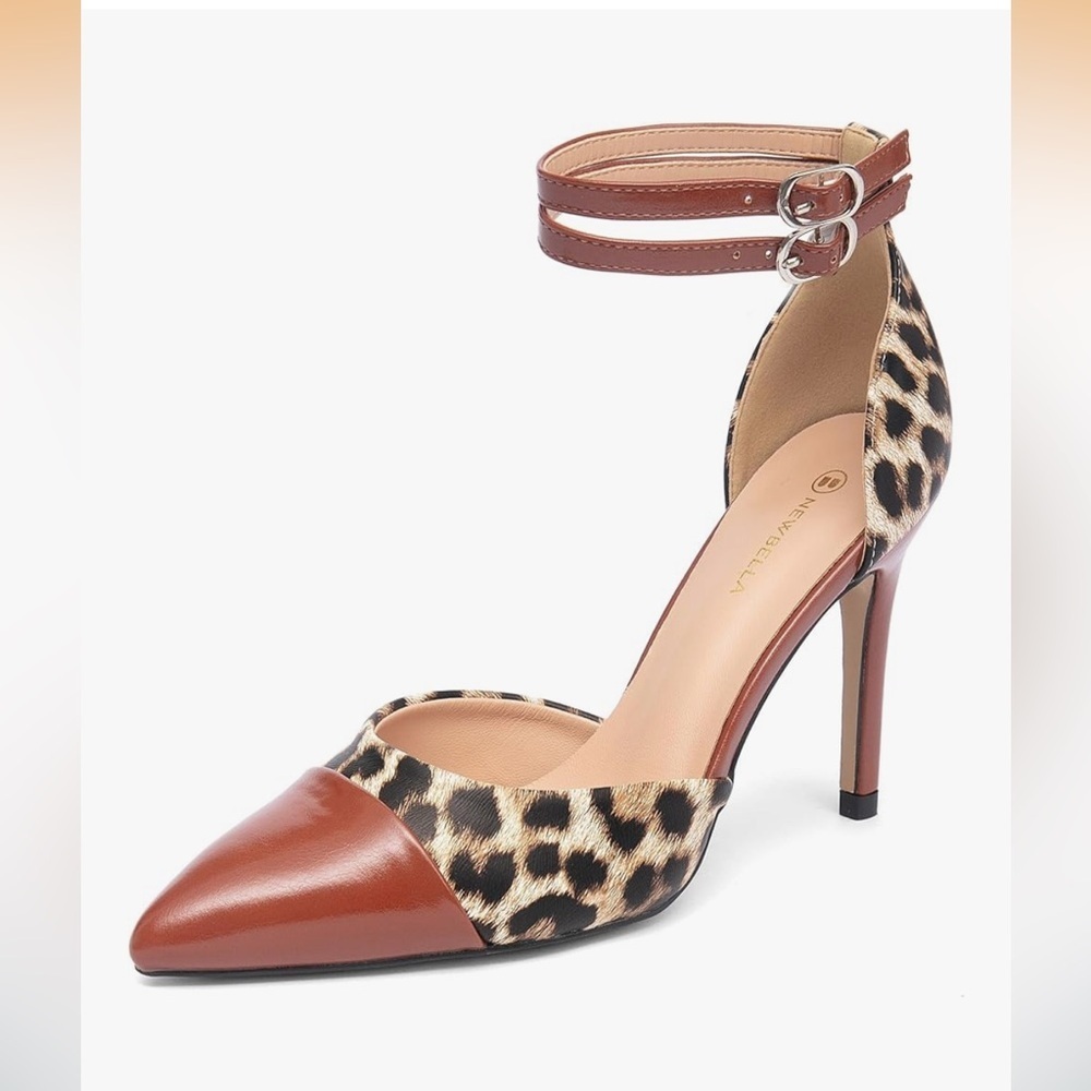 NIB NEWBELLA Brown Leopard Double Buckle Stiletto Pumps Pointed Toe Size 9